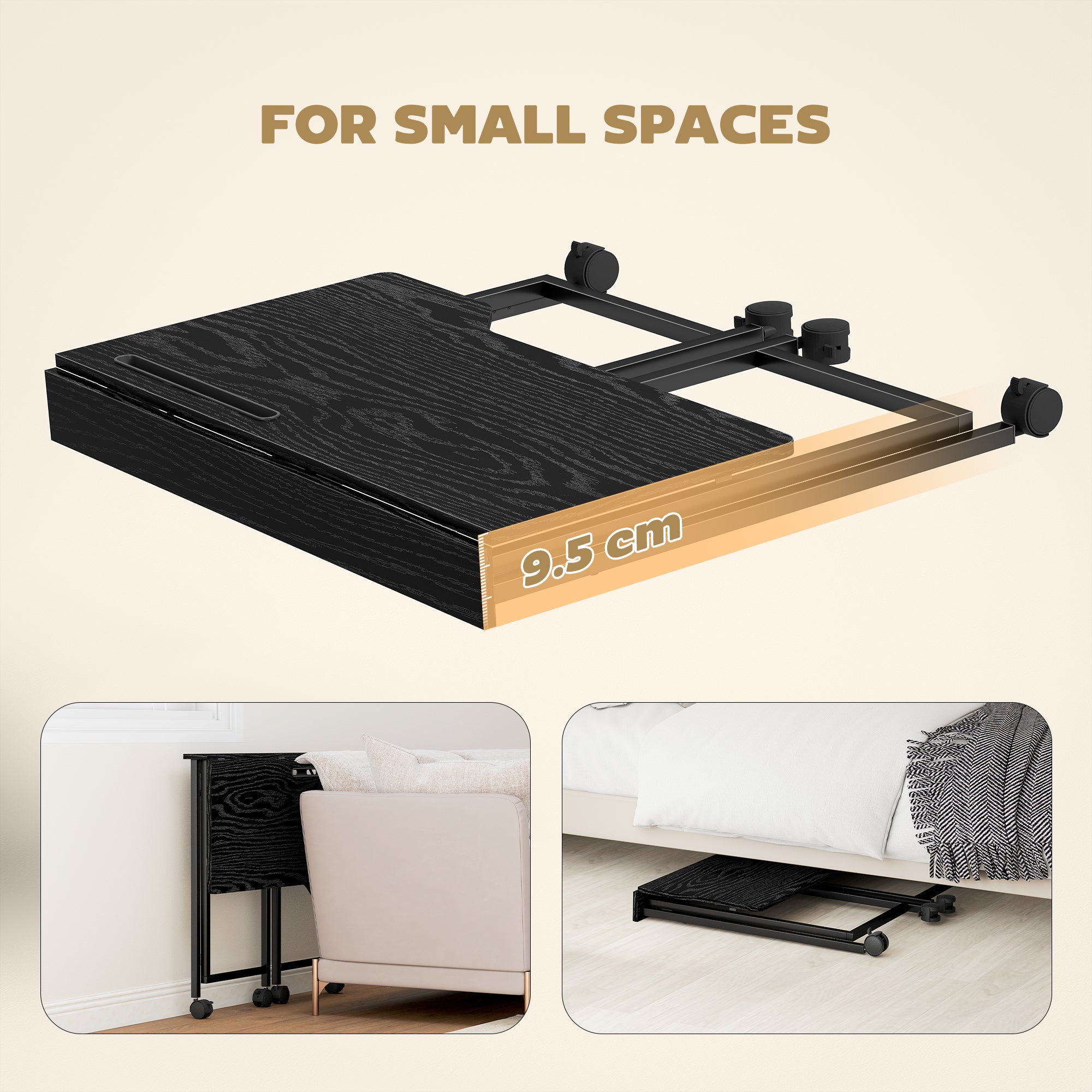 HOMCOM Folding Small Desk on Wheels - Black Wood Effect 
