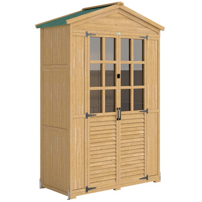 Outsunny Outdoor Wooden Storage Cabinet, Garden Tool Shed with Acrylic Windows for Patio, Light Brown 