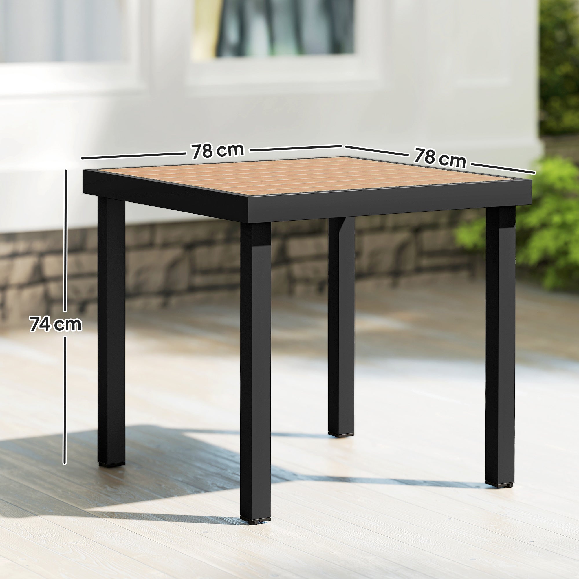 Outsunny 78 cm Garden Dining Table for 4 People, Square Outdoor Coffee End Side Table with Aluminium Legs, Natural Wood Finish 