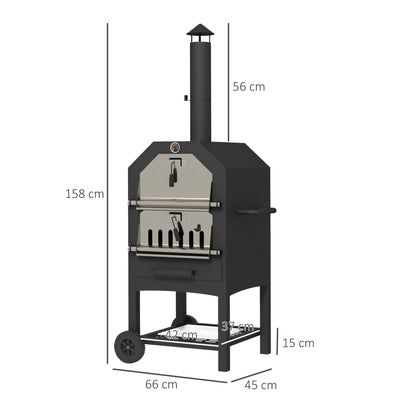 Outsunny Steel 3-Tier Outdoor Pizza Oven Charcoal BBQ Grill, Black 