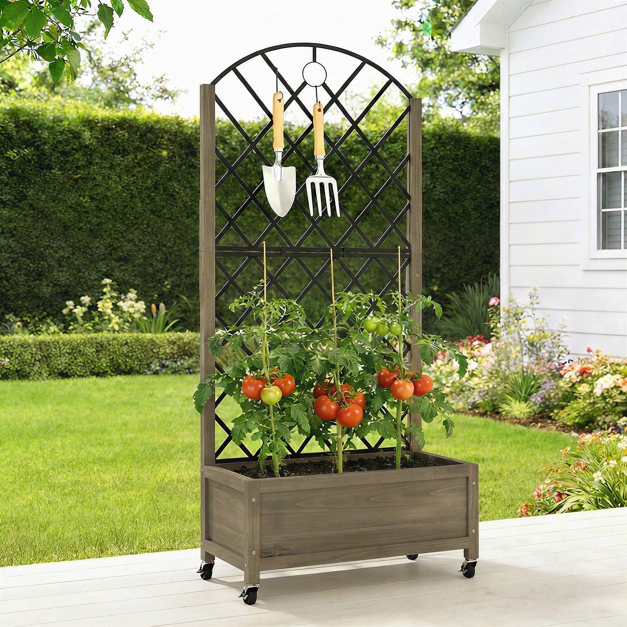 Outsunny Raised Garden Bed with Metal Trellis, Wooden Elevated Planter Box w/Lockable Wheels, Outdoor Raised Planter, Carbonised 