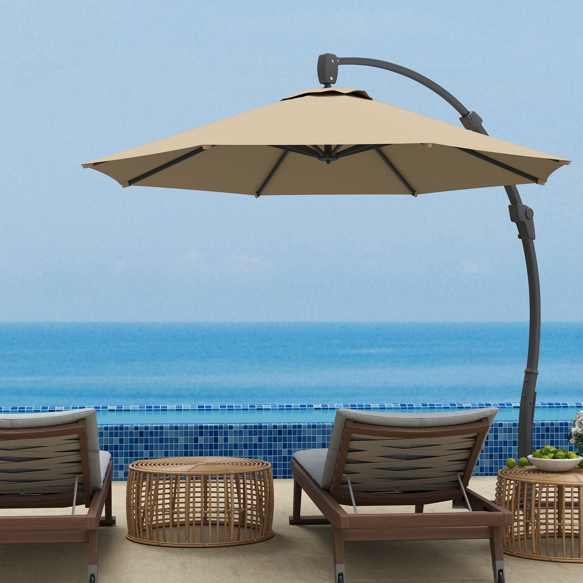 Outsunny 3(m) Garden Cantilever Parasol, Round Overhanging Umbrella with Crank Handle, Cross Base, Aluminium Frame and 360° Rotation, Banana Patio Umbrella for Outdoor Sun Shade, Khaki 
