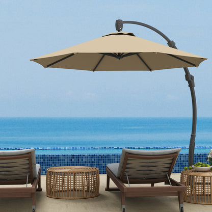 Outsunny 3(m) Garden Cantilever Parasol, Round Overhanging Umbrella with Crank Handle, Cross Base, Aluminium Frame and 360° Rotation, Banana Patio Umbrella for Outdoor Sun Shade, Khaki 