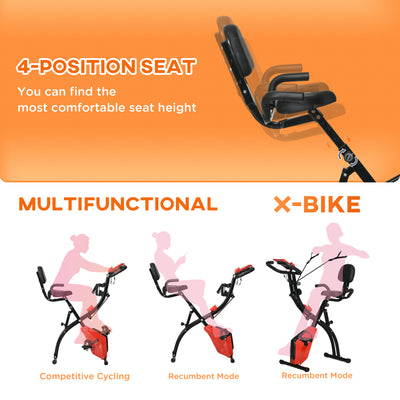 HOMCOM 2-in-1 Folding Exercise Bike with 8-Level Magnetic Resistance, Arm Resistance Band, Pulse Sensor, Red 