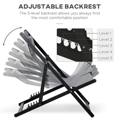 Outsunny Set of 2 Folding Garden Beach Aluminium Frame Deck Chairs Deckchairs Seaside Folding Garden Patio Lounger, Grey 