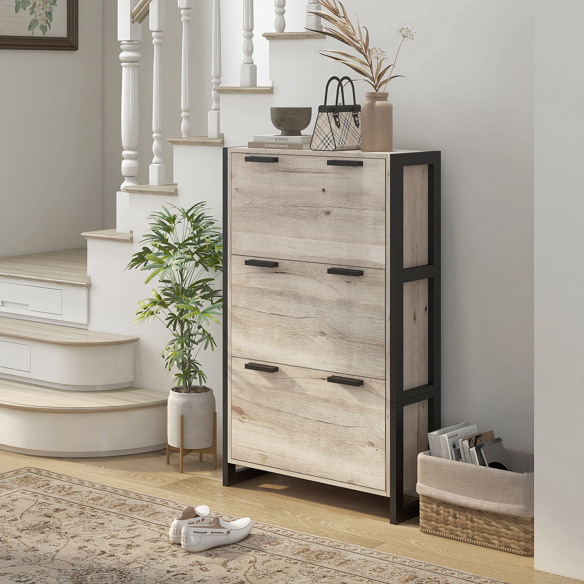 HOMCOM Shoe Storage Cabinet with 3 Flip Drawers Adjustable Shelf 18 Pairs Narrow Shoe Cupboard for Entryway Natural Wood-effect 