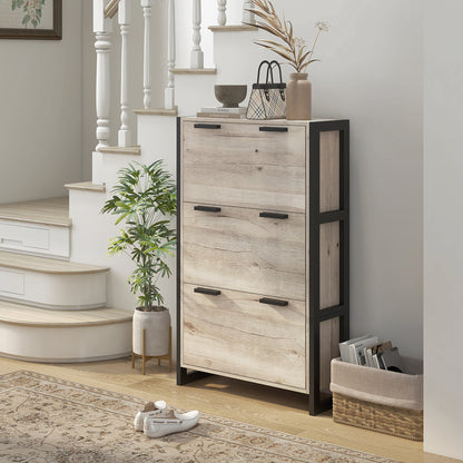 HOMCOM Shoe Storage Cabinet with 3 Flip Drawers Adjustable Shelf 18 Pairs Narrow Shoe Cupboard for Entryway Natural Wood-effect 