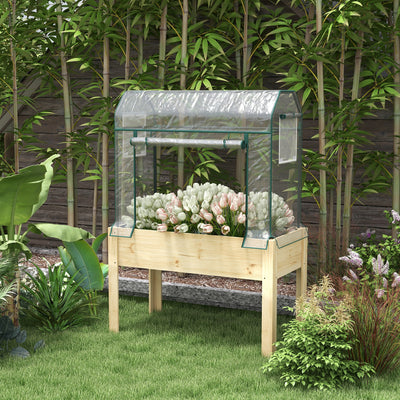 Outsunny Wooden Planter Box with Greenhouse Cover and Bed Liner, Raised Garden Bed for Vegetables, Flowers, Herbs 