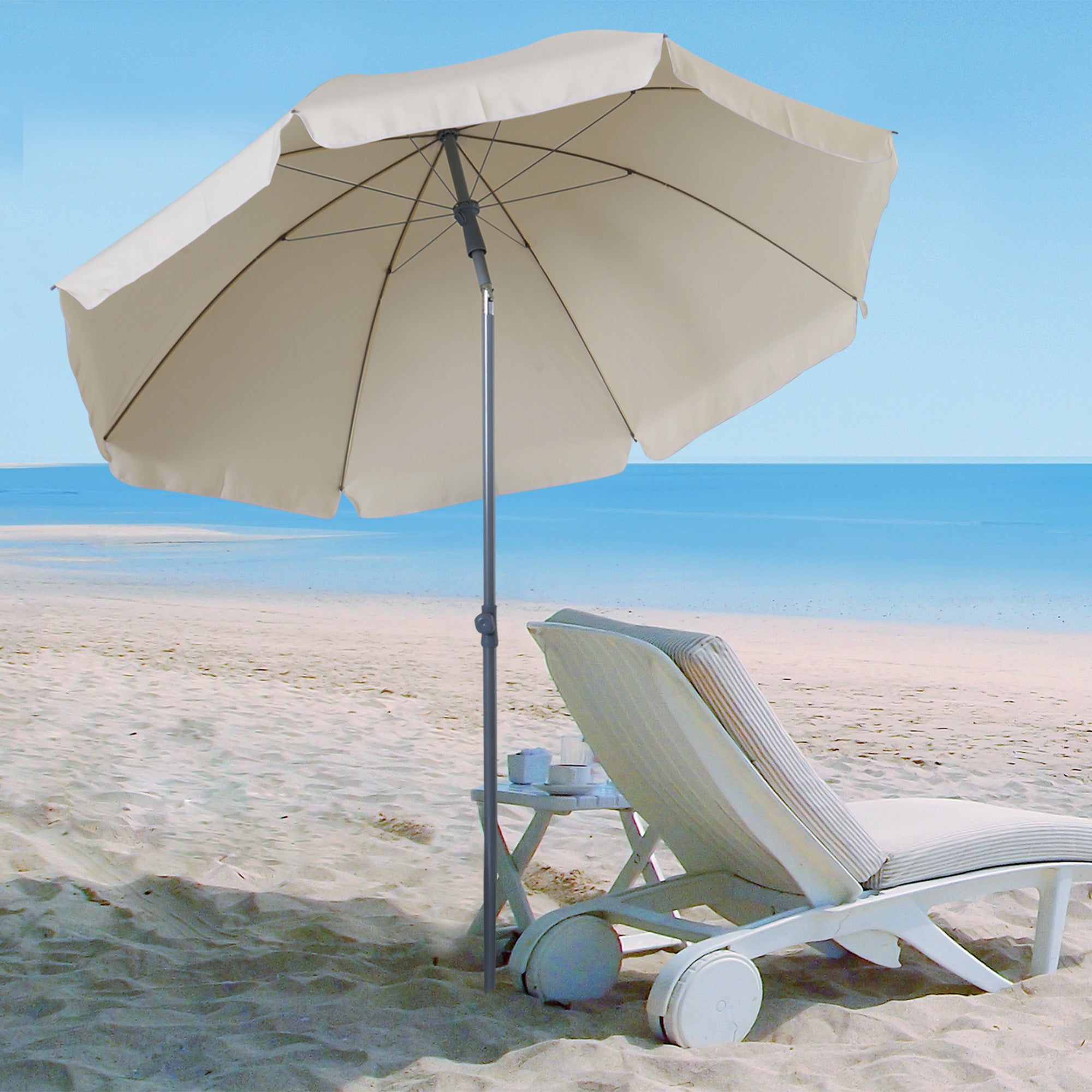 Outsunny 2.2m Beach Umbrella, Portable Parasol with Tilting Function, Outdoor Sunshade Shelter with 8 Ribs, Cream White 