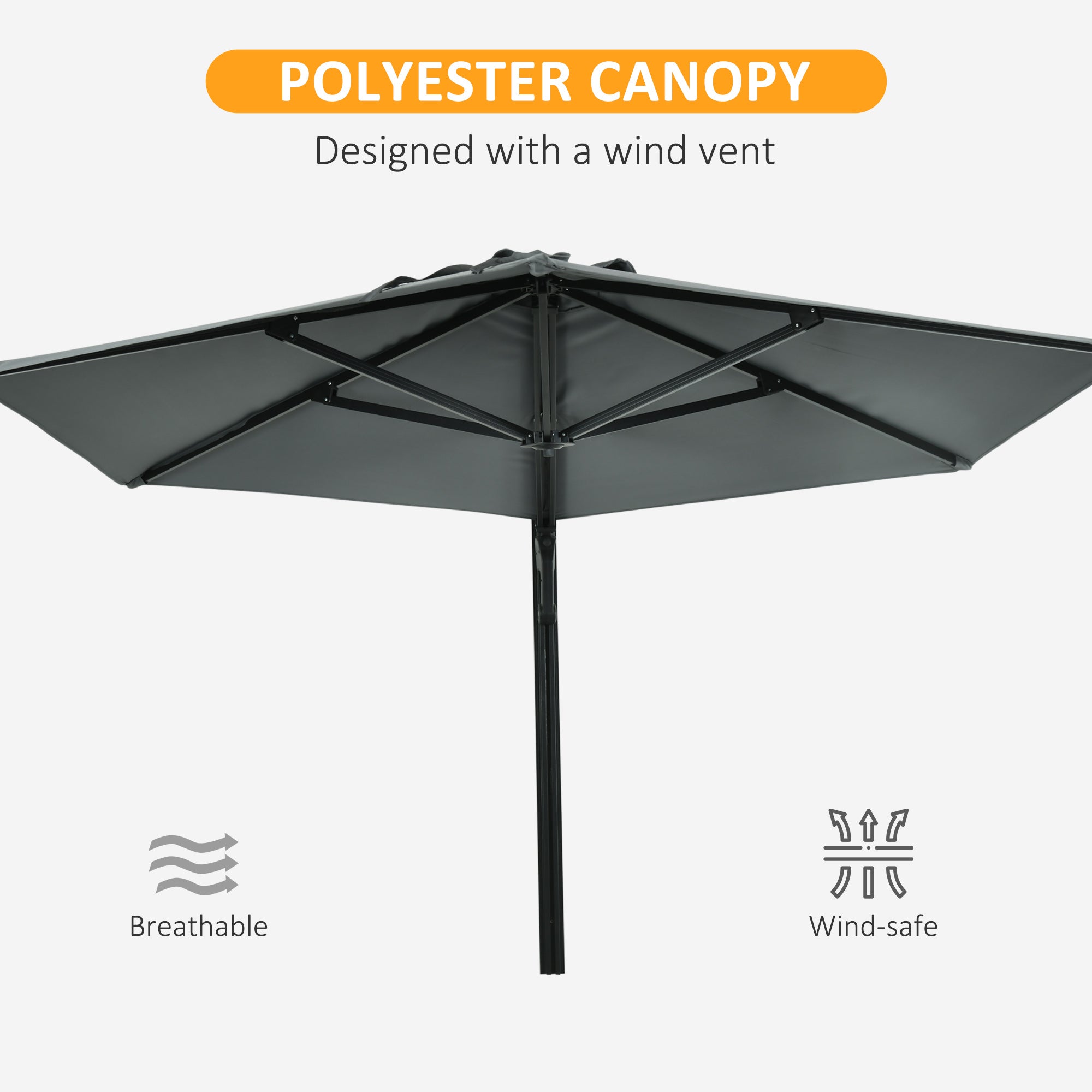 Outsunny 2.5m Wall Mounted Parasol, Hand to Push Outdoor Patio Umbrella with 180 Degree Rotatable Canopy for Porch, Deck, Garden, 250 cm, Grey 