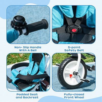 HOMCOM 6 in 1 Kids Trike Push Bike w/ Push Handle, Canopy, 5-point Safety Belt, Storage, Footrest, Brake, for 1-5 Years, Blue 