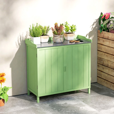 Outsunny Wood Garden Storage Cabinet, Outdoor Tool Shed, Potting Bench Table with galvanised Top and Two Shelves for garden Tools or Pool Accessories, Green 
