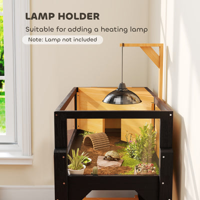PawHut Wooden Tortoise House with Storage Shelf, Clear Observation Windows, Lamp Holder, Openable Top, Built-in Tray, Yellow 