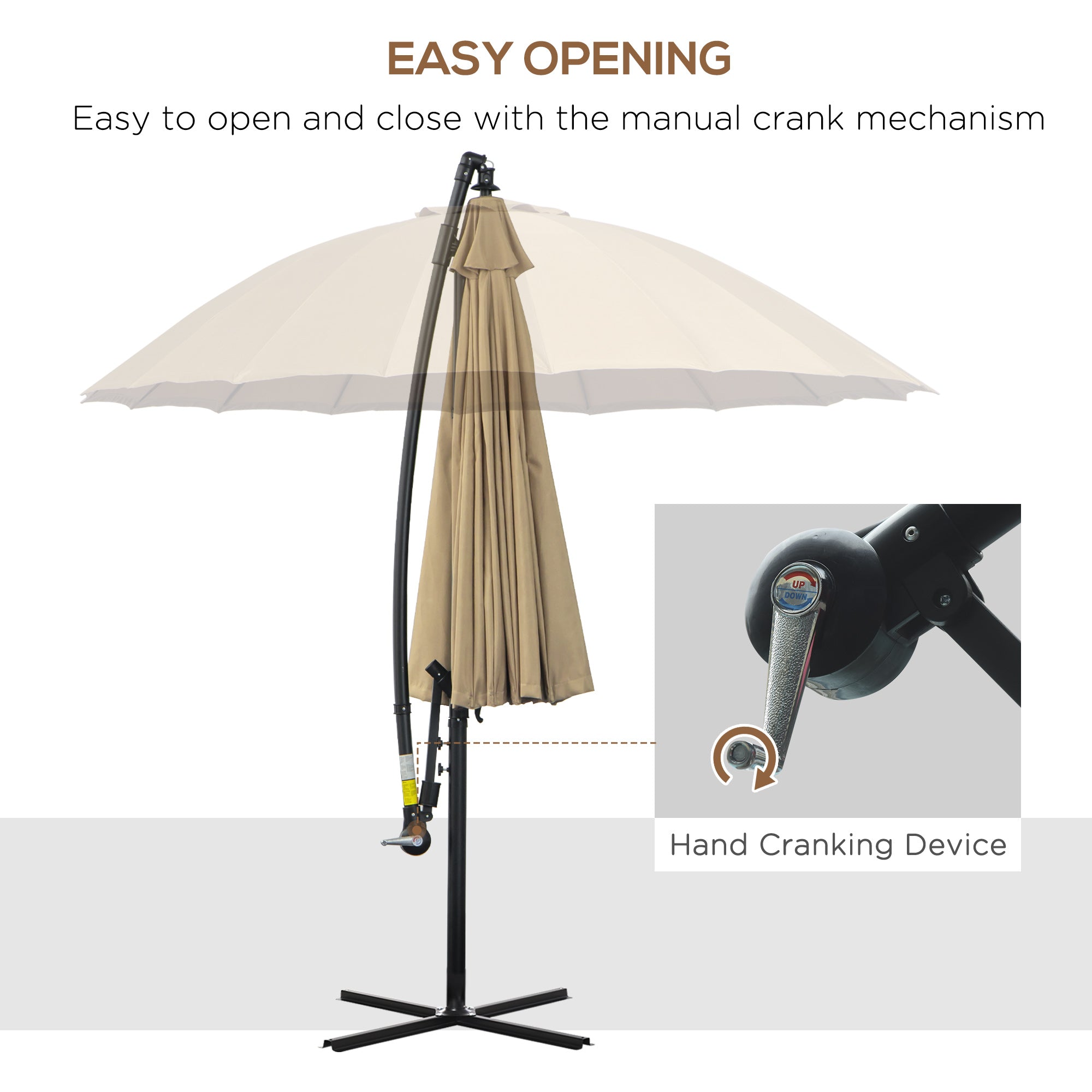 Outsunny 3(m) Cantilever Umbrella 18 Ribs & Vents Adjustable Angle for Patio Khaki 
