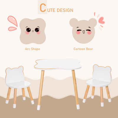 HOMCOM 3-Piece Kids Table and Chair Set with 2 Bear-Shaped Chairs, for Ages 1-4 Years, White 