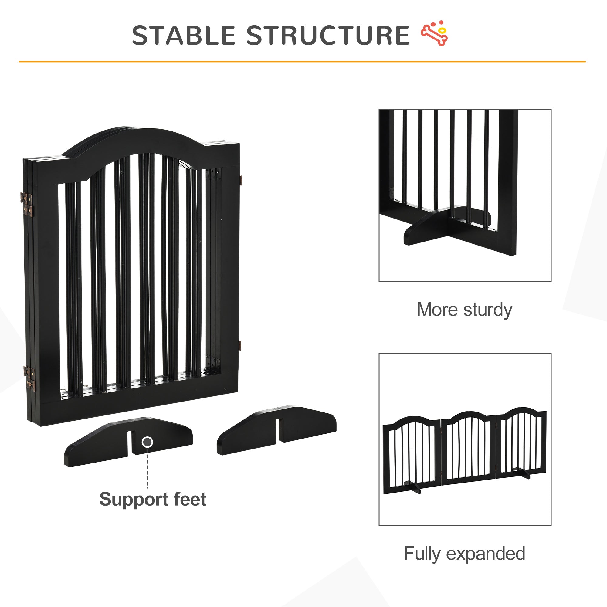 PawHut Freestanding Pet Gate Wooden Dog Gate with Support Feet Foldable Pet Fence Safety Barrier for the House Doorway Stairs Black 