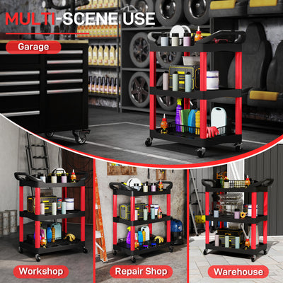 HOMCOM 3-Tier Rolling Tool Cart, Tool Trolley on Wheels, Plastic Mobile Service Utility Cart with Handles for Garage, Mechanics and Warehouse, 91kg Capacity, Black and Red 