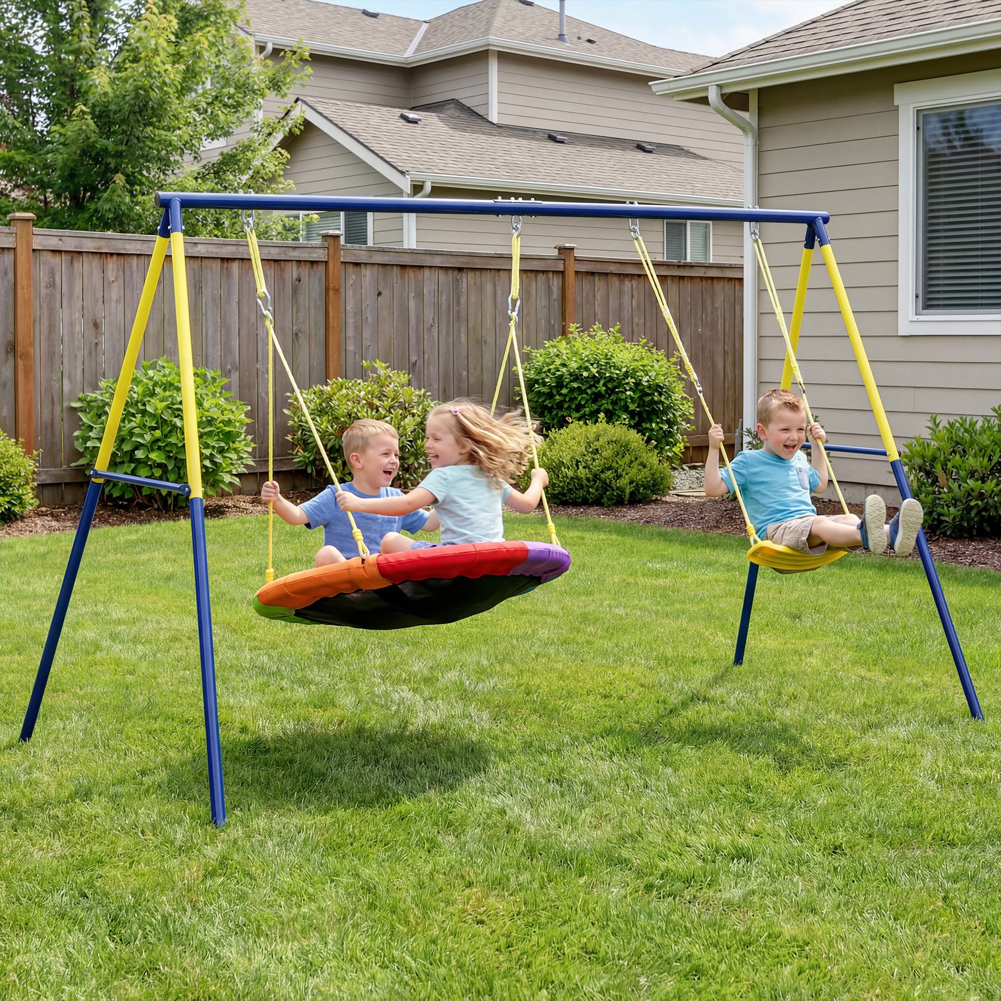 AIYAPLAY Kids Swing Set with Double Swings, Outdoor Playset with Adjustable Ropes, Metal Frame for Ages 3-8, 150kg Capacity 