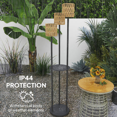 Outsunny Boho Rattan Floor Lamp, 3-Lights Rattan Lamp with Shelf, Freestanding Solar Garden Light with Auto On/Off Lights, IP44 Waterproof for Porch, Pathway, Deck, Yellow 