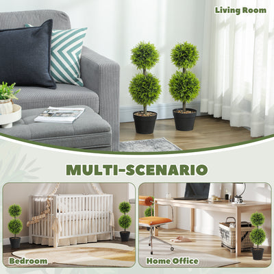 HOMCOM Set of 2 Decorative Artificial Plants, 60cm Faux Topiary Cypress Ball Trees with Plastic Pot and Pebbles, Fake Plants for Home Office Decor, Green 