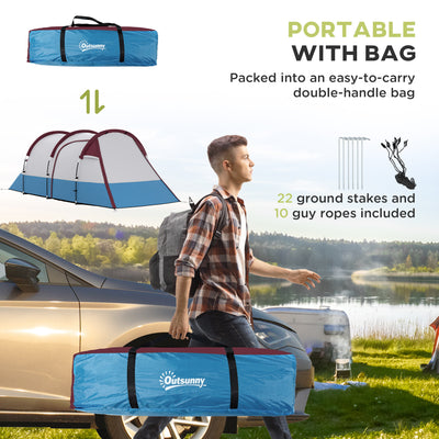 Outsunny Camping Tent, Large Tunnel Tent with Bedroom and Living Area, 2000mm Waterproof, Portable with Bag for 2-3 Man, Red 