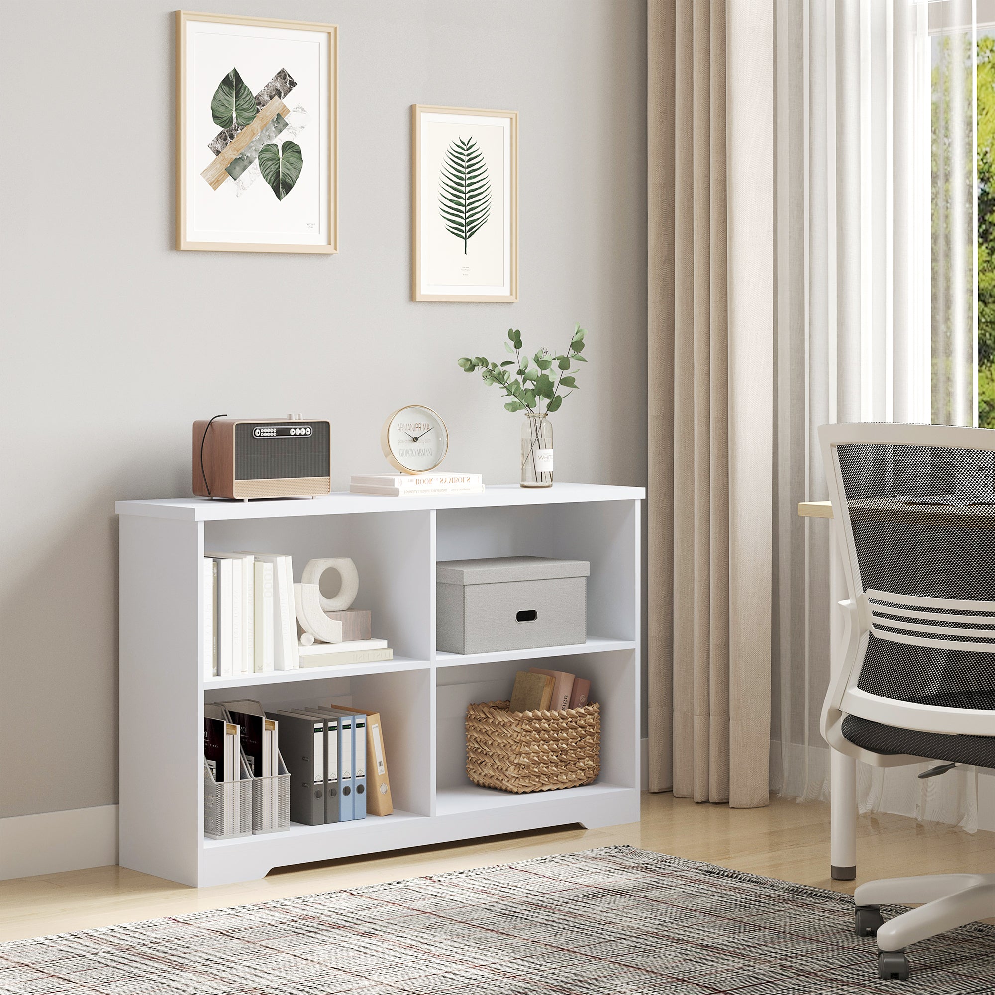 HOMCOM Wooden Cube Bookcase, 2 Tier Open Storage Shelving Unit with 4 Compartments, Freestanding Display Bookshelf for Home Office Living Room Furniture, 118 x 29 x 76cm, White 