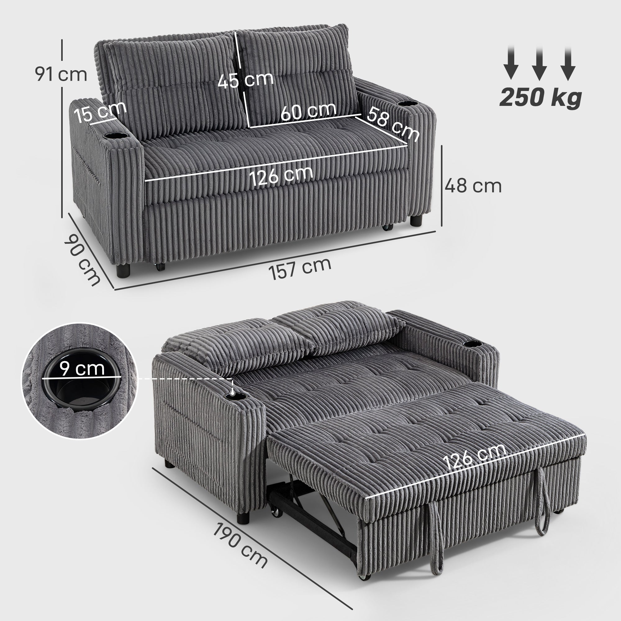 HOMCOM 2 Seater Click Clack Sofa Bed with Pull Out Design, Corduroy Upholstery - Charcoal Grey 