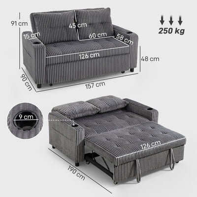 HOMCOM 2 Seater Click Clack Sofa Bed with Pull Out Design, Corduroy Upholstery - Charcoal Grey 