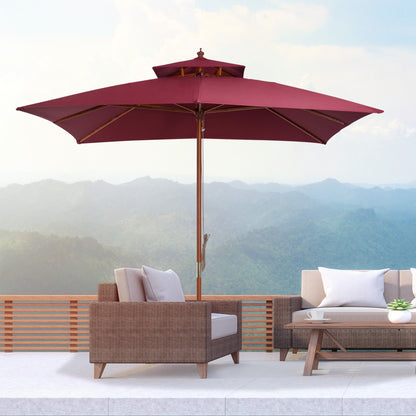 Outsunny 3 x 3(M) Garden Parasol Umbrella Sunshade, Outdoor Wooden Parasol with Double Tier Canopy, Wine Red 