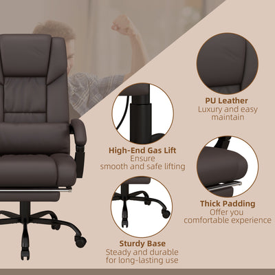 Vinsetto 6-Point Massage Office Chair, PU Leather Desk Chair with Adjustable Height and Footrest for Home Office, Brown 