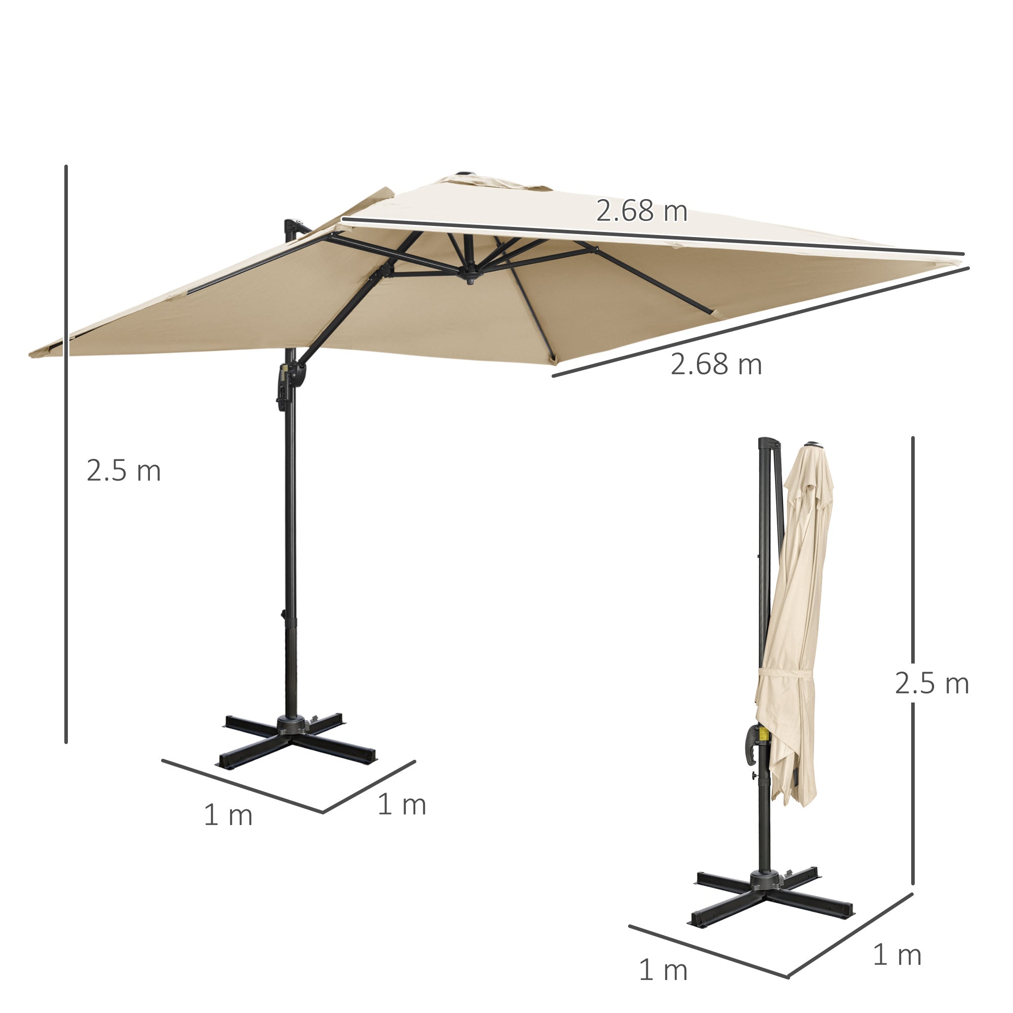 Outsunny 2.7 x 2.7 m Cantilever Parasol, Square Overhanging Umbrella with Cross Base, Crank Handle, Tilt, 360\'c2\'b0 Rotation and Aluminium Frame, Cream White 
