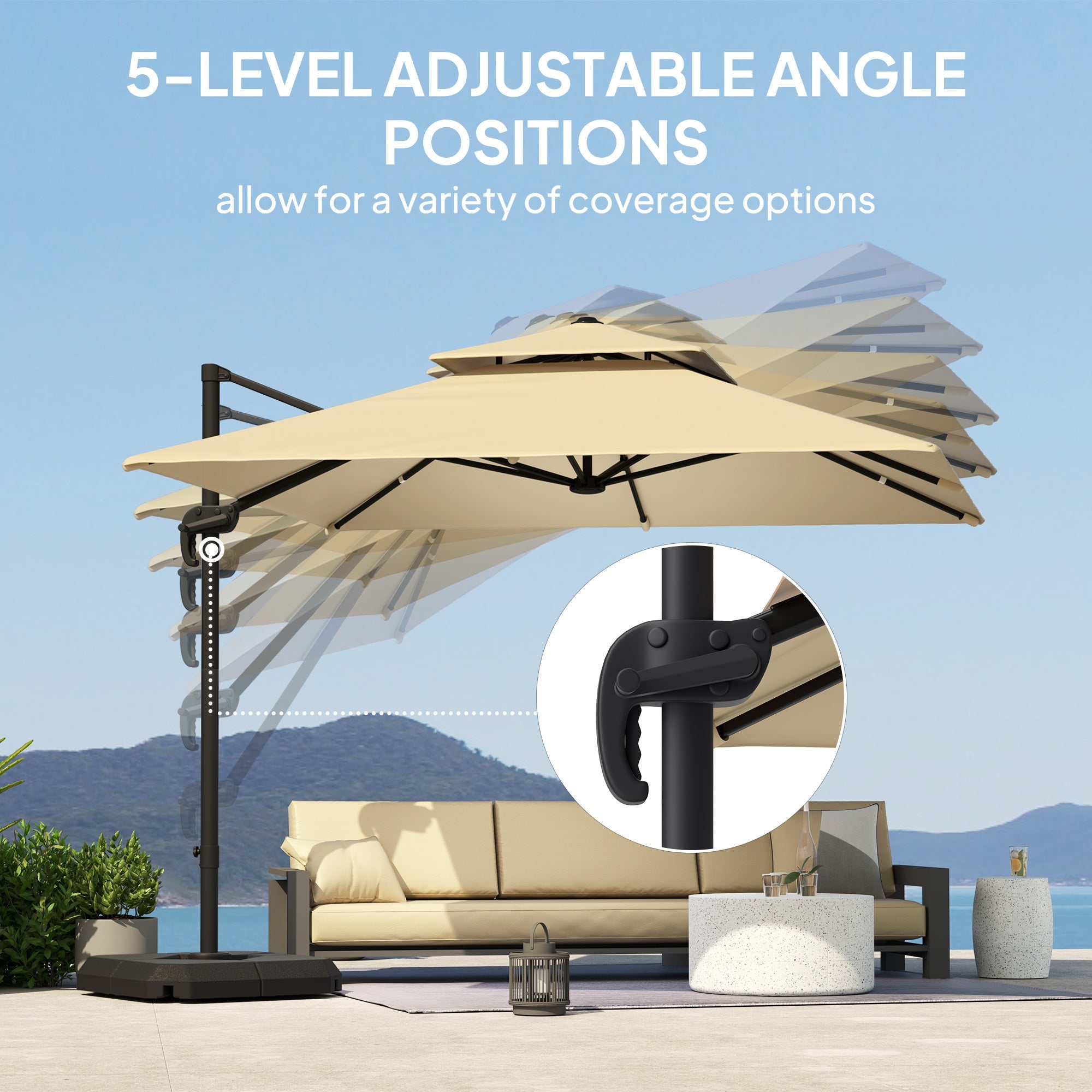 Outsunny 2.7 x 2.7(m) Cantilever Parasol with Aluminium Frame, Crank and Tilt, 360° Rotation, Double Top Garden Umbrella with Base and Cover, Khaki 
