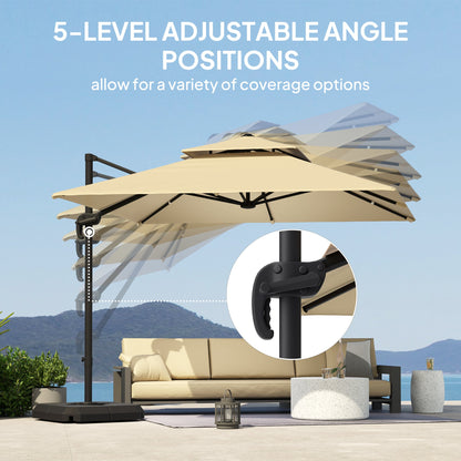 Outsunny 2.7 x 2.7(m) Cantilever Parasol with Aluminium Frame, Crank and Tilt, 360° Rotation, Double Top Garden Umbrella with Base and Cover, Khaki 