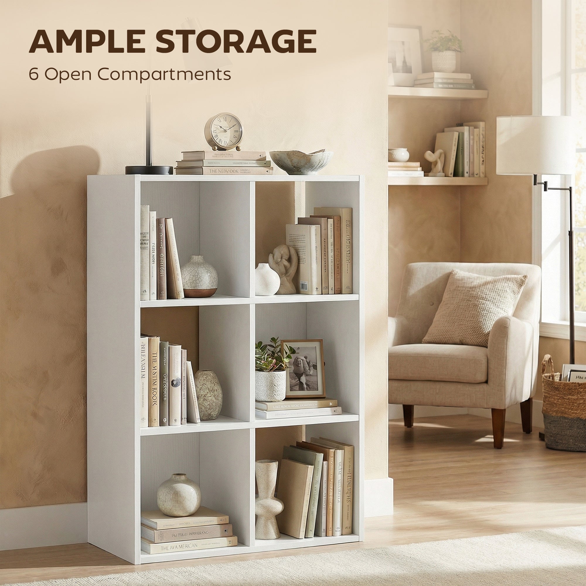HOMCOM Industrial Style Storage Shelf, Bookcase, Bookshelf with 6 Compartments, for Living Room, Home Study, White Wood Effect 