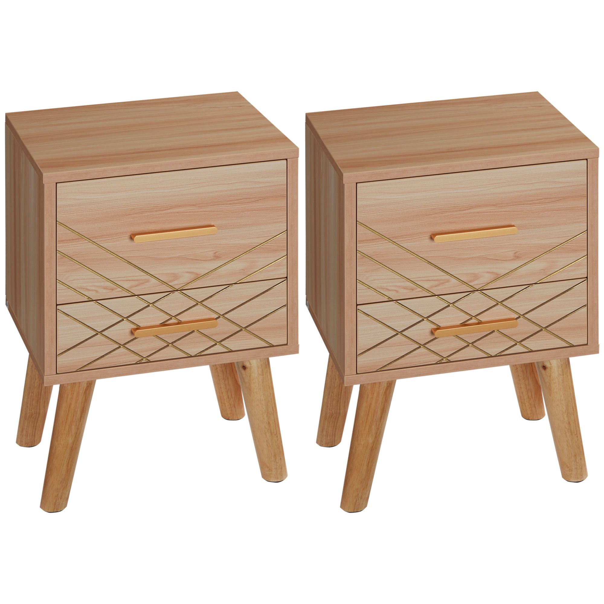 HOMCOM 2-Piece Scandinavian Bedside Tables with Drawers, Bedside Cabinets with Wood Legs, Natural 