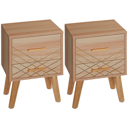 HOMCOM 2-Piece Scandinavian Bedside Tables with Drawers, Bedside Cabinets with Wood Legs, Natural 