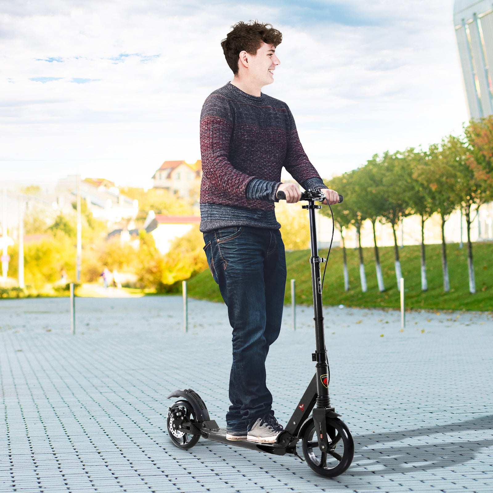 HOMCOM Kick Scooter, Folding 2 Wheel Scooter for 14+ Teens Adults, with Dual Brake System, Dual Suspension, 230mm Big Wheels, 3 Adjustable Handlebar, up to 100KG, Black 