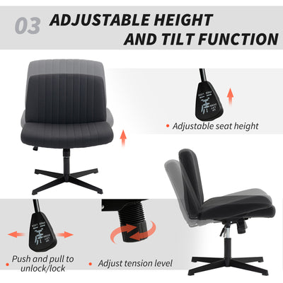HOMCOM Armless Office Chair No Wheels, Linen Fabric Criss Cross Legged Desk Chair with Wide Seat, Thick Padding, Tilt Function, Height Adjustable Swivel Computer Seat for Home, Black 