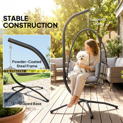 Outsunny Hanging Egg Chair, Indoor Outdoor Swinging Hammock Chair with Stand, Foldable Basket, Side Pocket, Dark Grey 