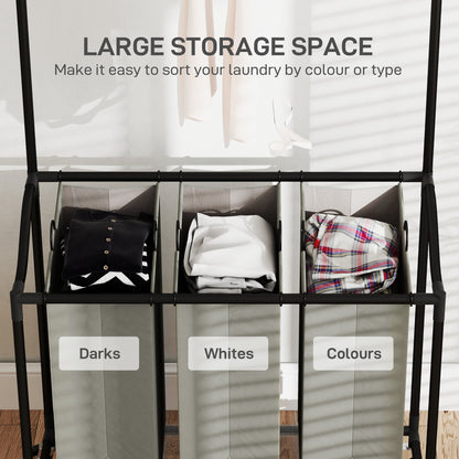 HOMCOM 126L Laundry Sorter, Rolling Wash Basket with Hanging Rail and Mobile 3-Bag Organiser for Bedroom, Bathroom, Laundry Room, 88-149.5L x 40W x 167H cm, Dark Grey 