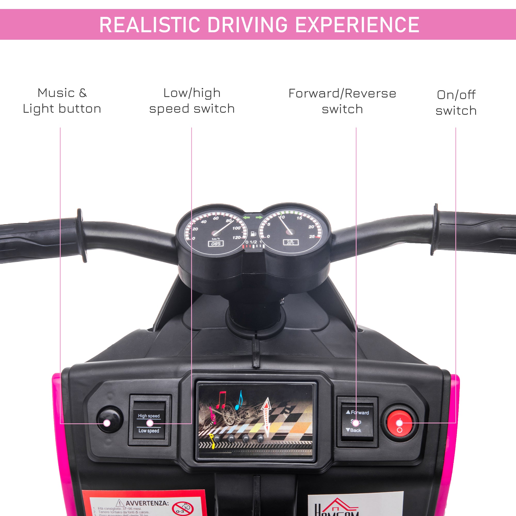 HOMCOM 6V Kids Electric Motorbike Ride On Toy w/ Music Headlights Safety Training Wheels for Girls Boy 2-4 Years Pink 