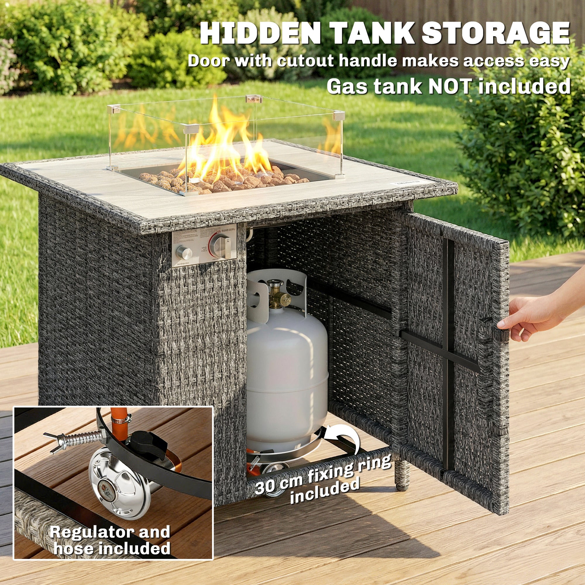 Outsunny 14.5 KW Rattan Gas Fire Pit Dining Table with Rain Cover, Wind Guard, Lid, Lava Rocks, Dark Grey 