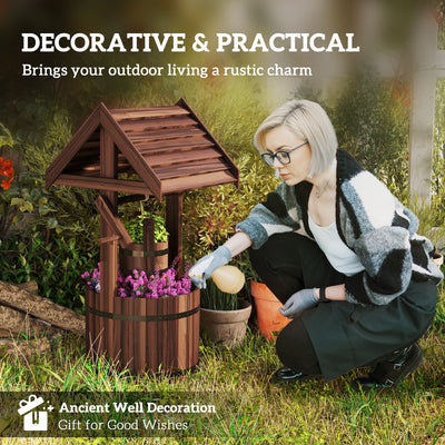 Outsunny Wood Wishing Well for Outside with Hanging Bucket, Wishing Well Planter with Drain Hole for Garden Patio, Carbonized 