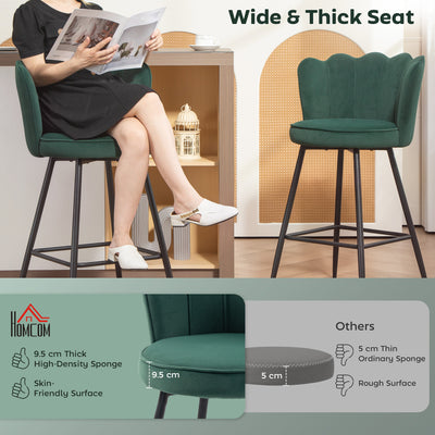 HOMCOM Set of Two Velvet-Feel Lotus Bar Stools - Dark Green 