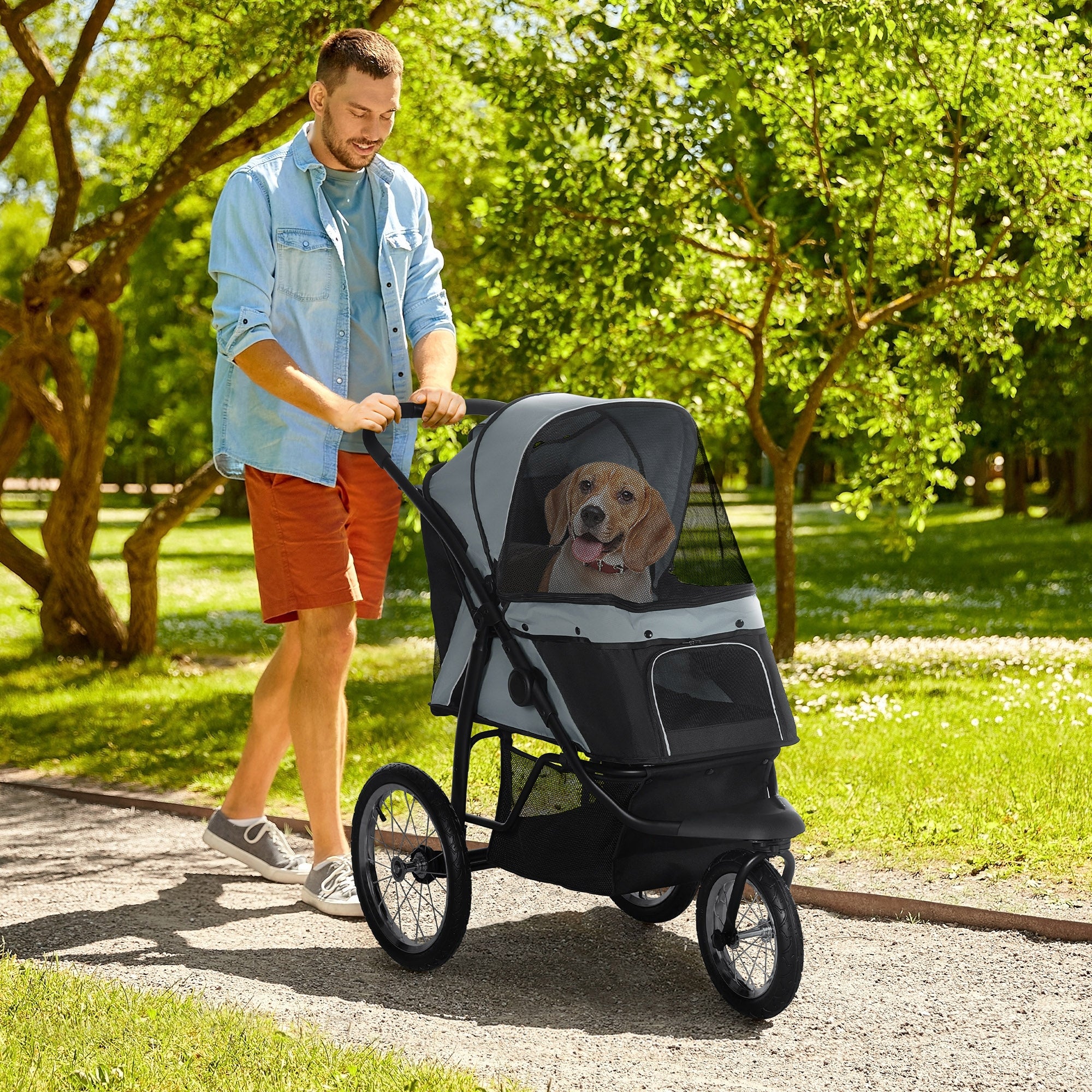 PawHut Dog Pram Dog Stroller Jogger Foldable Pet Pushchair for Medium, Small Dogs, w/ Rubber Wheels, Washable Cushion - Grey 