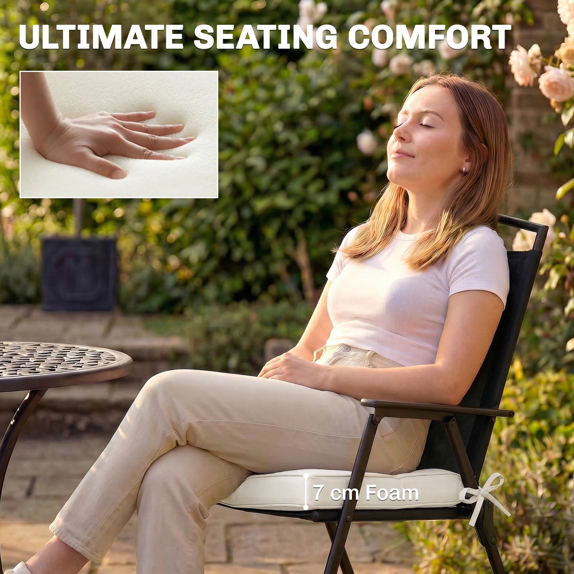 Outsunny Outdoor Chair Seat Cushions Set of 2, Garden Chair Cushions with 7cm Thick Foam & Ties, Cream White 
