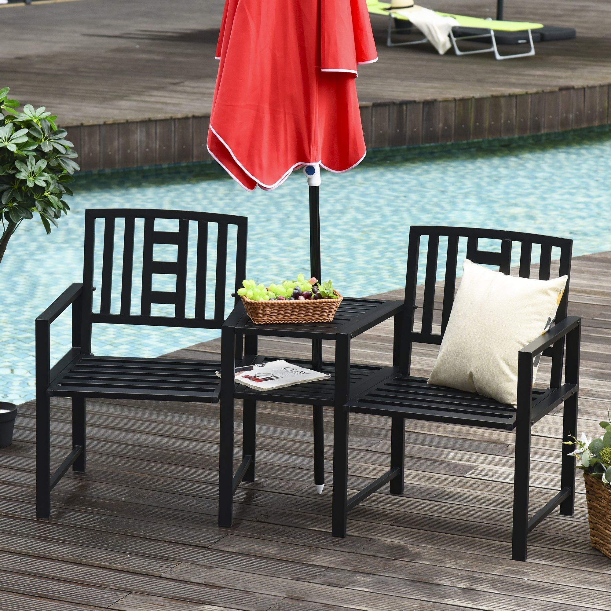 Outsunny 2 Seat Garden Chair Bench Loveseats Jack and Jill Seat w/Coffee Table Slatted Design Patio Yard 
