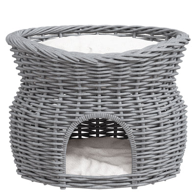 PawHut 2-Tier Wicker Cat House Elevated Pet Bed Basket Willow Kitten Tower Pet Den. with Washable Cushions 56x37x40cm Grey 