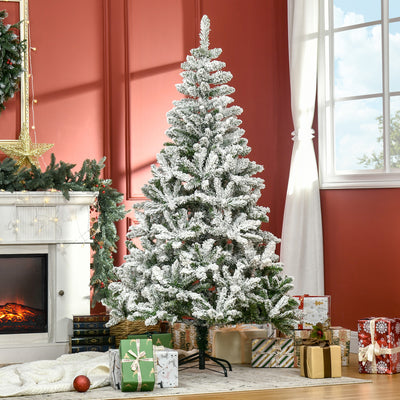 HOMCOM 6 Ft Snow Flocked Artificial Christmas Tree Xmas Pine Tree with Realistic Branches, Auto Open and Steel Base, Green 