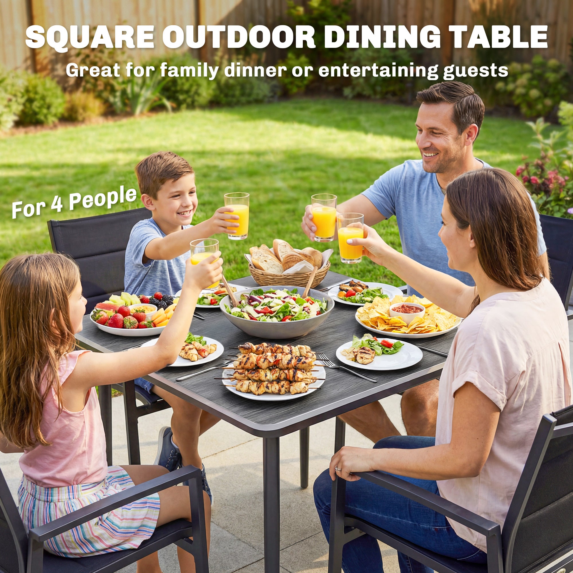 Outsunny Garden Dining Table for 4, 85 cm Square Outdoor Table with Umbrella Hole, Faux Wood Top, Metal Legs, Dark Grey 